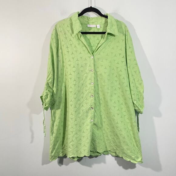 Susan Graver Women Lime Green Eyelet Button Front Ruched Sleeve Blouse Size 3X - Picture 1 of 8